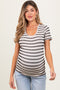 Beige Black Stripe Short Sleeve Round Neck Maternity Top