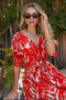 Red Brushstroke Print Cutout Midi Dress