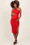 Red Halter Tied Criss-Cross Ribbed Maternity Midi Dress