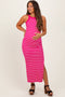 Fuchsia Striped High Neck Ribbed Maternity Maxi Dress