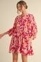 Fuchsia Print 3/4 Balloon Sleeve Dress