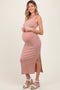 Peach Solid Ribbed Sleeveless Slit Maternity Maxi Dress