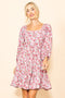 Pink Rose Print Long Sleeve Dress