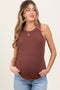 Brown Ribbed Basic Crew Neck Maternity Tank