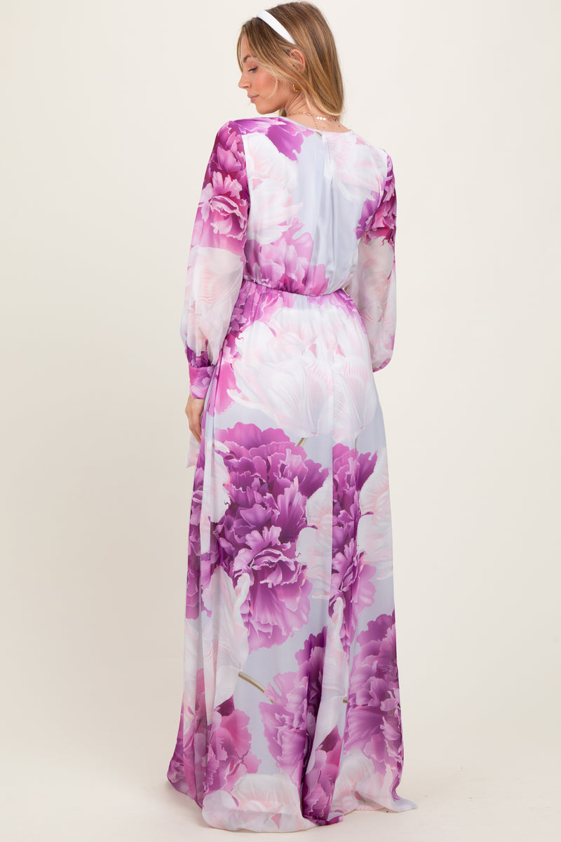 Purple Floral Short Bubble Sleeve Smocked High Waist Maxi Dress