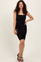 Black Square Neck Ruched Midi Dress