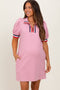 Pink Jacquard Zipper Collar Maternity Mini Dress