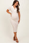 Beige Striped Knit Collared Maternity Midi Dress