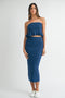 Navy Strapless Ribbed Knit Peplum Top Midi Skirt Set