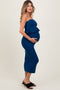 Navy Strapless Ribbed Knit Peplum Top Midi Skirt Maternity Set