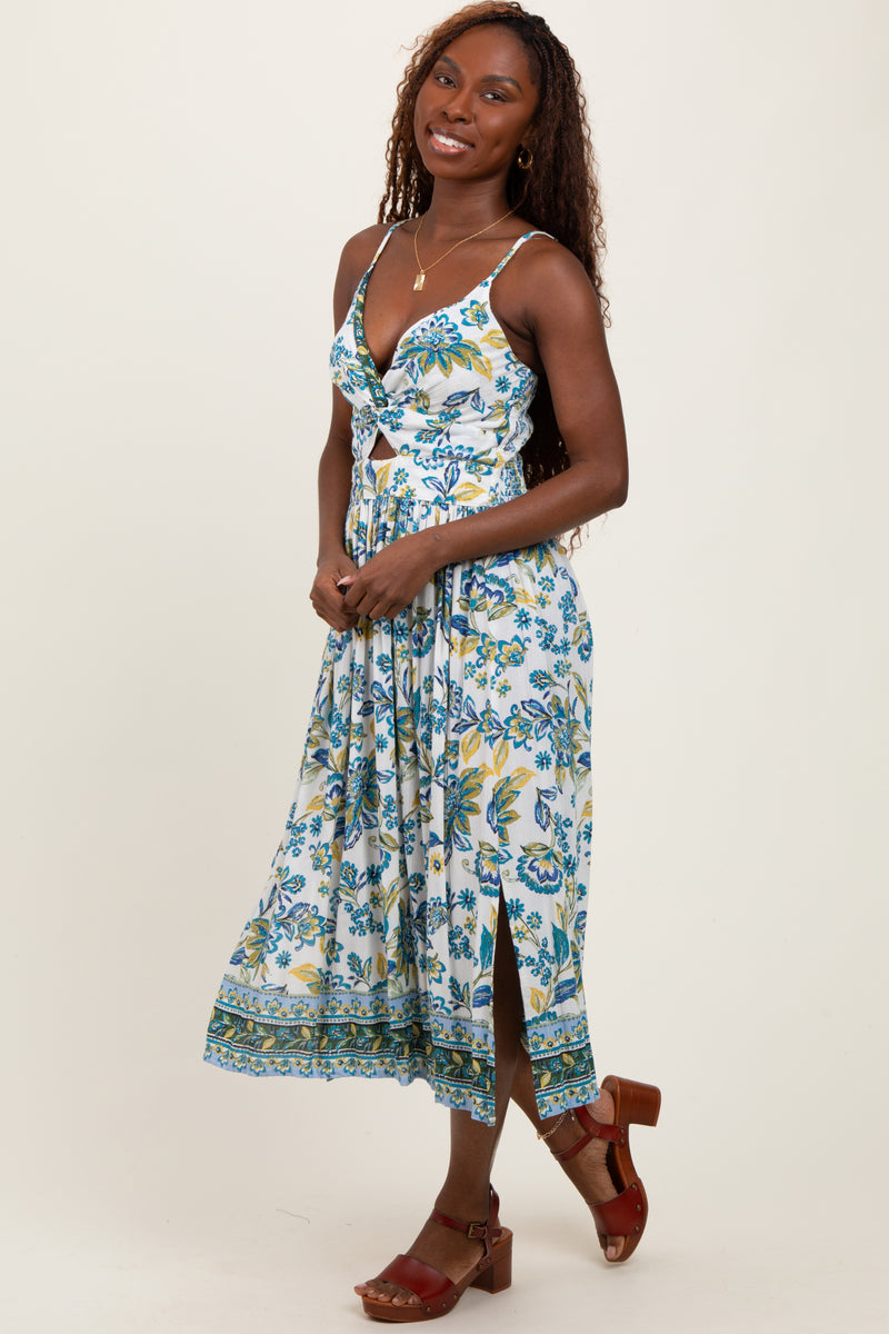 Floral Print Cut-Out Back A-Line Blue Midi Dress