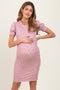 Mauve Floral Ribbed Puff Sleeve Maternity Fitted Dress