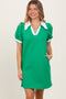 Green Textured Knit Contrast Collar Mini Dress