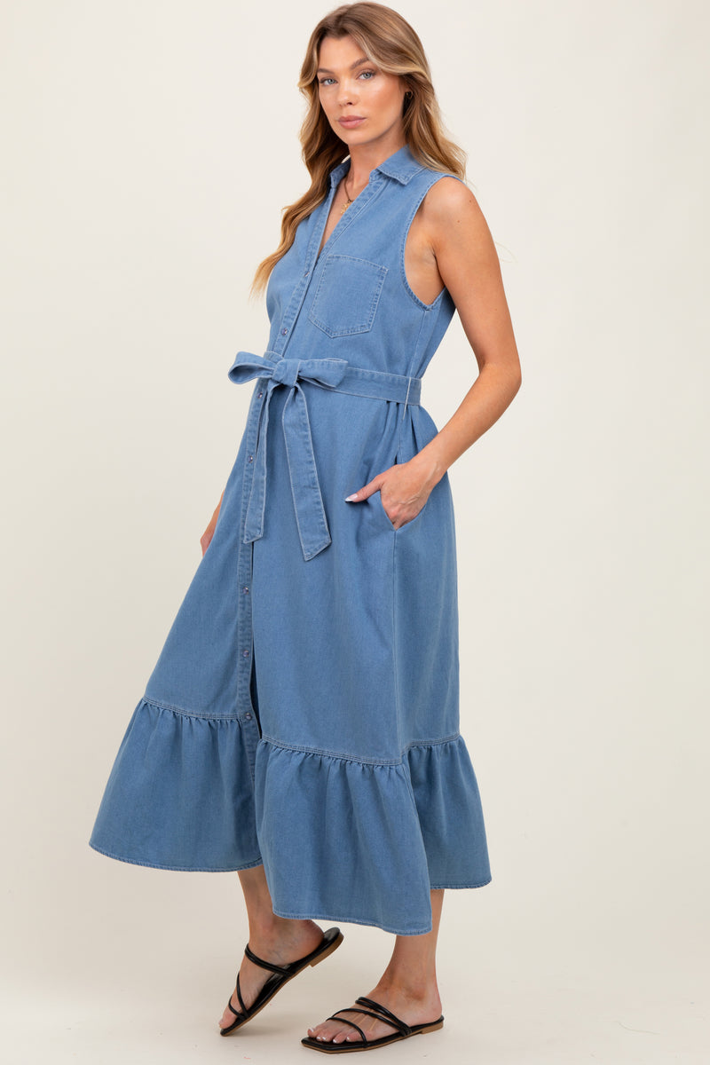 Blue Pleated Sash Tie Maternity Midi Dress main image 0