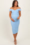 Light Blue Off Shoulder Fitted Maternity Midi Dress