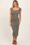 Olive Striped Off Shoulder Side Slit Midi Dress
