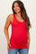 woman wearing a red maternity tank top and showcasing her baby bump