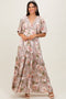 Taupe Floral Print Elbow Sleeve V-Neck Tiered Maxi Dress