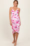 Pink Floral Ruched Tulip Hem Midi Dress