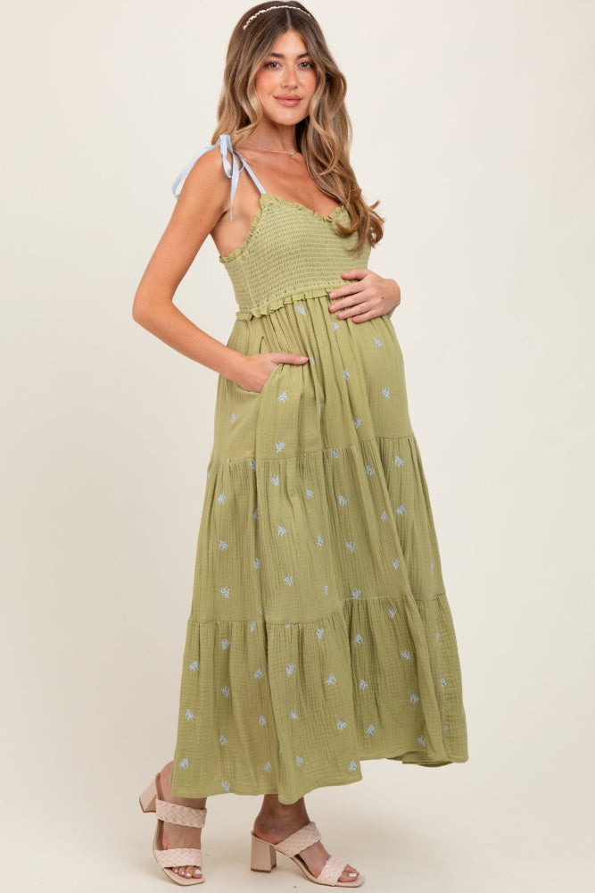 Light Blue Floral Smocked Shoulder Tie Tiered Maternity Maxi Dress main image 1