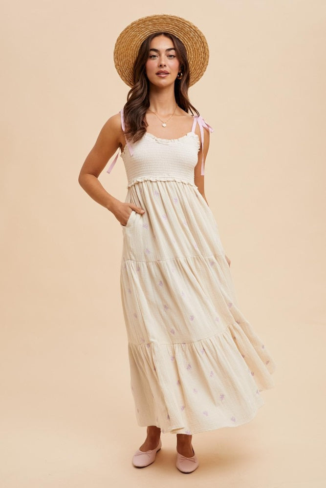 Pink Tie Strap Plaid \u0026 Striped Smocked Maxi Dress main image 1
