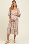 Cream Floral Pleated Bodice 3/4 Sleeve Maternity Midi Dress