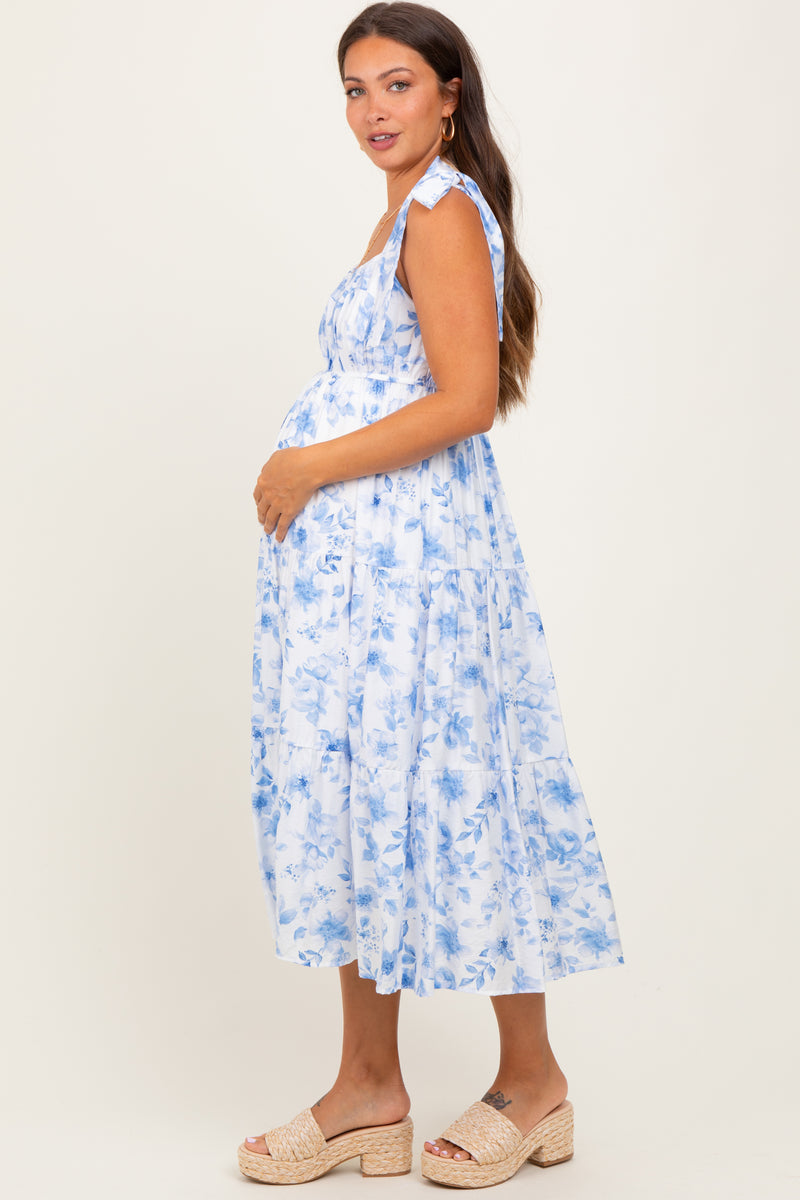 Blue Gingham Smocked Shoulder Tie Maternity Midi Dress main image 1