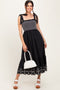 Black Smocked Embroidered Shoulder Tie Midi Dress