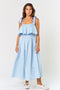 Light Blue Shoulder Tie Flounce Midi Dress
