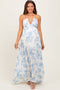 Light Blue Floral Tie-Back Halter Maternity Maxi Dress