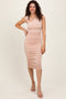 Light Taupe Asymmetrical Neckline Ruched Midi Dress