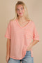 Peach Striped Oversized V-Neck Front Pocket T-Shirt