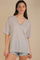 Grey Striped Oversized V-Neck Front Pocket T-Shirt