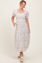 Blue Floral Printed Puff Sleeve Midi Dress