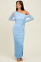 Light Blue Ruched Mesh One Shoulder Long Sleeve Maxi Dress