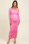 Pink Ruched Mesh One Shoulder Long Sleeve Maternity Maxi Dress