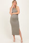 Light Olive Ribbed Fitted Side Slit Maternity Midi Dress