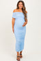 Light Blue Ruched Mesh Foldover Off Shoulder Maternity Maxi Dress