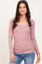Mauve Ribbed Ruched Long Sleeve Top
