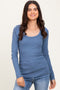 Blue Ribbed Ruched Long Sleeve Top