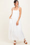 White Plaid Smocked Shoulder Tie Maxi Dress