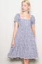 Blue Floral Pleated Bodice Puff Sleeve Dress