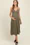 Olive/White Linen Striped Maternity Midi Dress