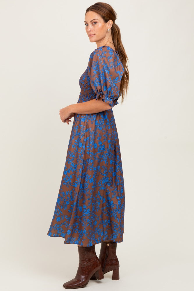 Blue Smocked Bodice High Waist Ruffled Sleeve Floral Dress main image 0