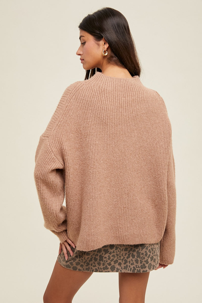 Mocha V-Neck Drop Shoulder Ribbed Knitted Sweater main image 1