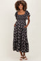 Black Floral Smocked Lace Trim Flutter Sleeve Maternity Midi Dress