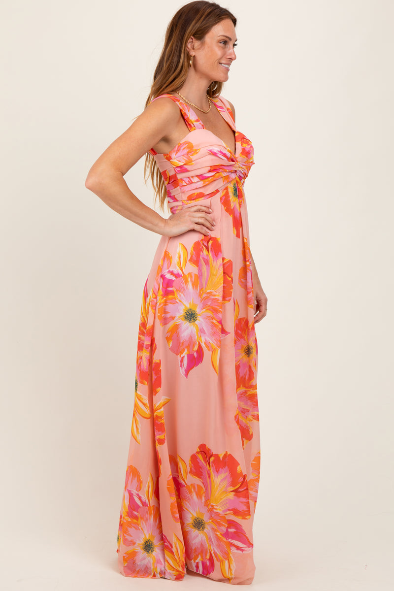 Long Chiffon Dresses with FLOWERS Peach Plus Size