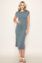 Light Olive Solid Short Sleeve Midi Dress