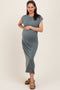 Light Olive Solid Short Sleeve Maternity Midi Dress