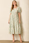 Sage Printed Square Neck Bubble Sleeve Maxi Dress